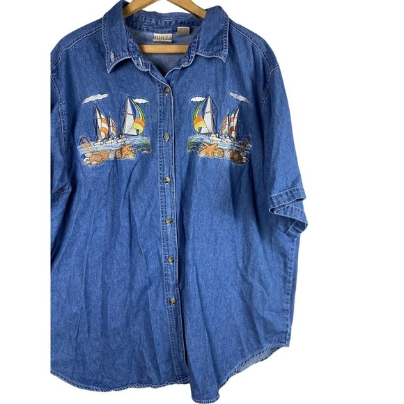 Quizz Shirt 24 2X Embroidered Denim Chambray Sailboat Boat Nautical Womens - Picture 5 of 7